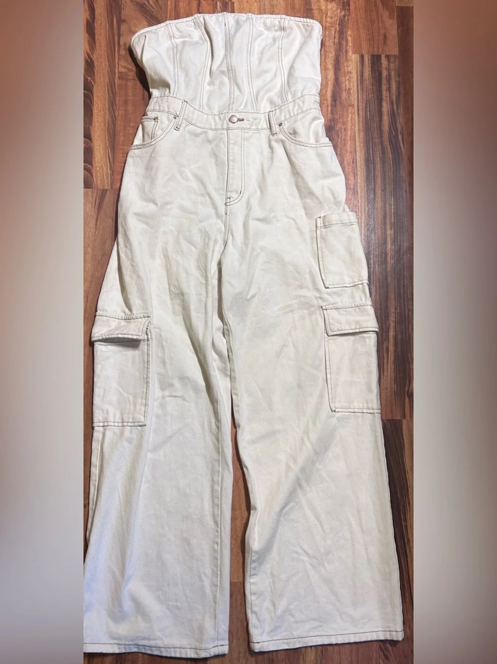 Wild Fable Women's Tube Cargo Cream Denim Jumpsuit